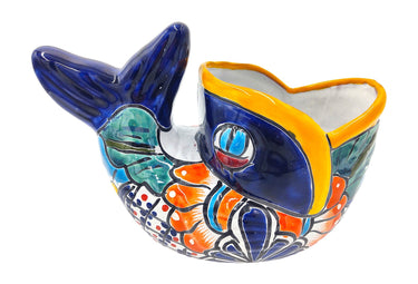 Mexican Talavera Bonsai Fish Planter Pot Hand Painted - Traditional Pescado Bonsai Maceta - Yellow Trim